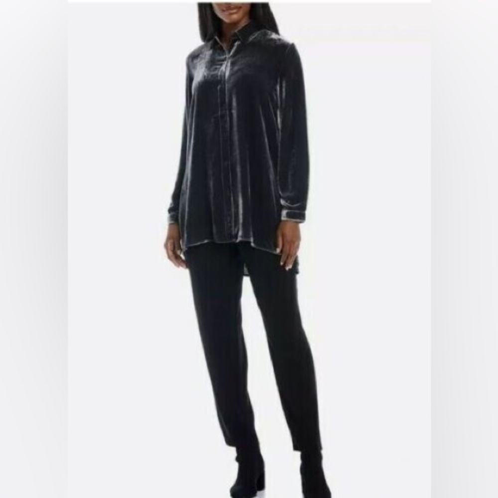 Eileen Fisher Velvet Button Up Shirt Graphite 1X Silk Blend Oversized - Picture 2 of 11